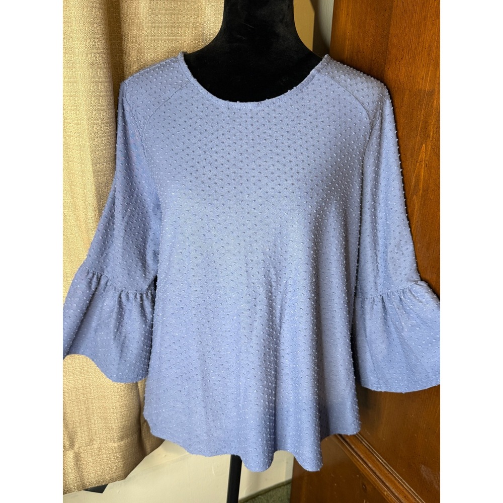 W5 Swiss Dot Top Women XL Blue Good 3/4 Bell Sleeve Crew Neck Textured Knit